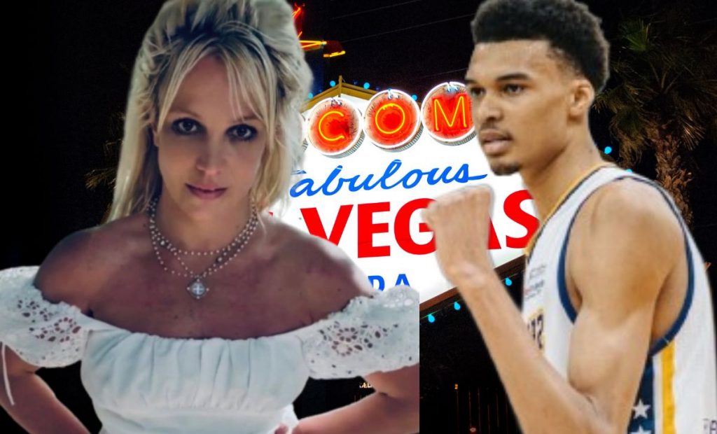 Britney Spears y Victor Wembanyama con logo de Las Vegas de fondo.