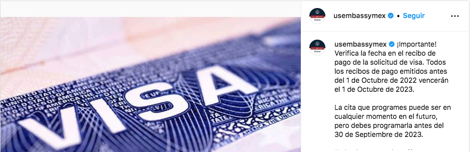 Comunicado de la Embajada de Estados Unidos en Instagram