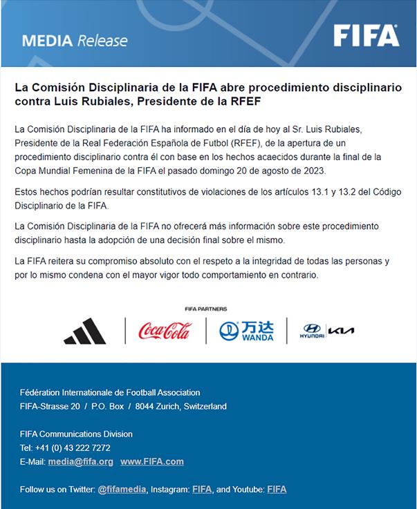 Comunicado FIFA sobre investigación contra Luis Rubiales