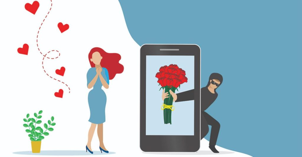 Ilustración de una estafa amorosa en línea, conocida como cripto romance