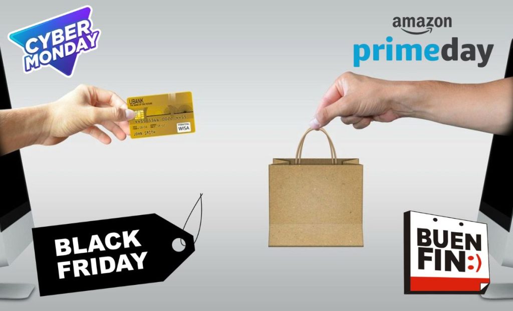 Compras en línea con los logos de Black Friday, Prime Day, Cyber Monday y Buen Fin.
