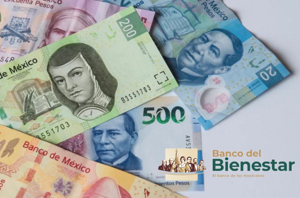 Dinero en efectivo y logo del Banco del Bienestar