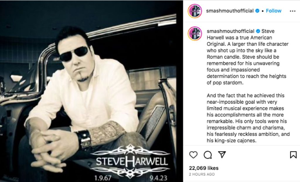 Comunicado de Smash Mouth sobre muerte de Steve Harwell.