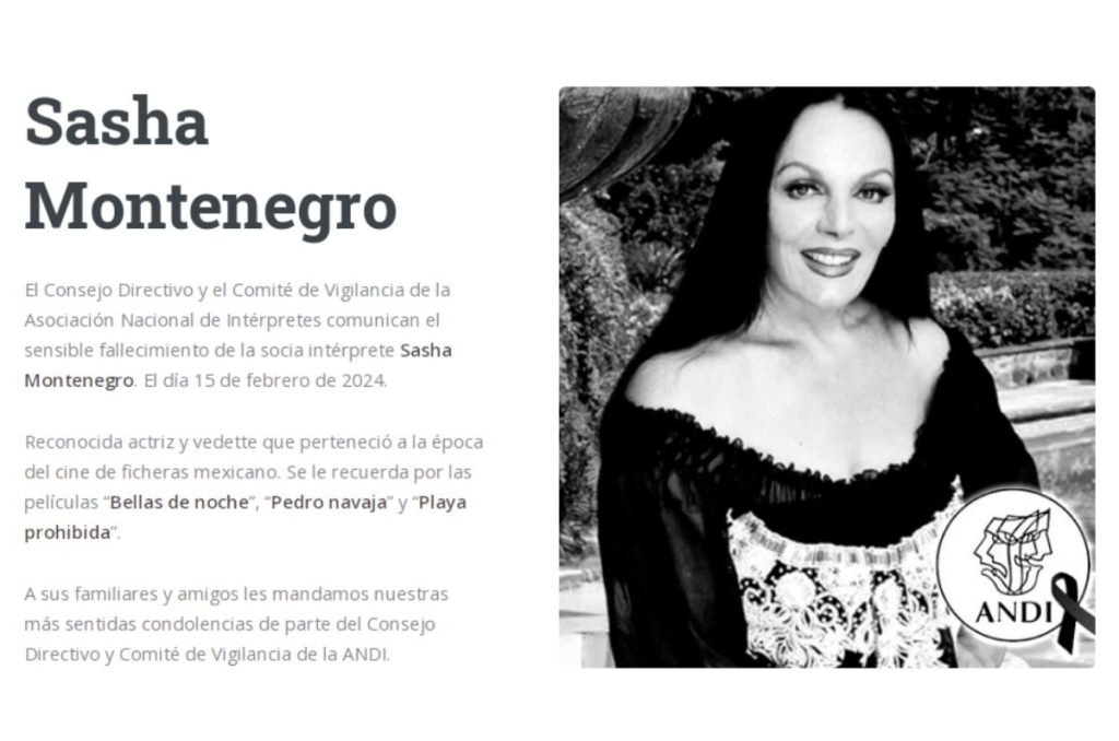 La actriz Sasha Montenegro, conocida por su trayectoria en cine de ficheras y esposa del expresidente López Portillo, muere a los 78 años.