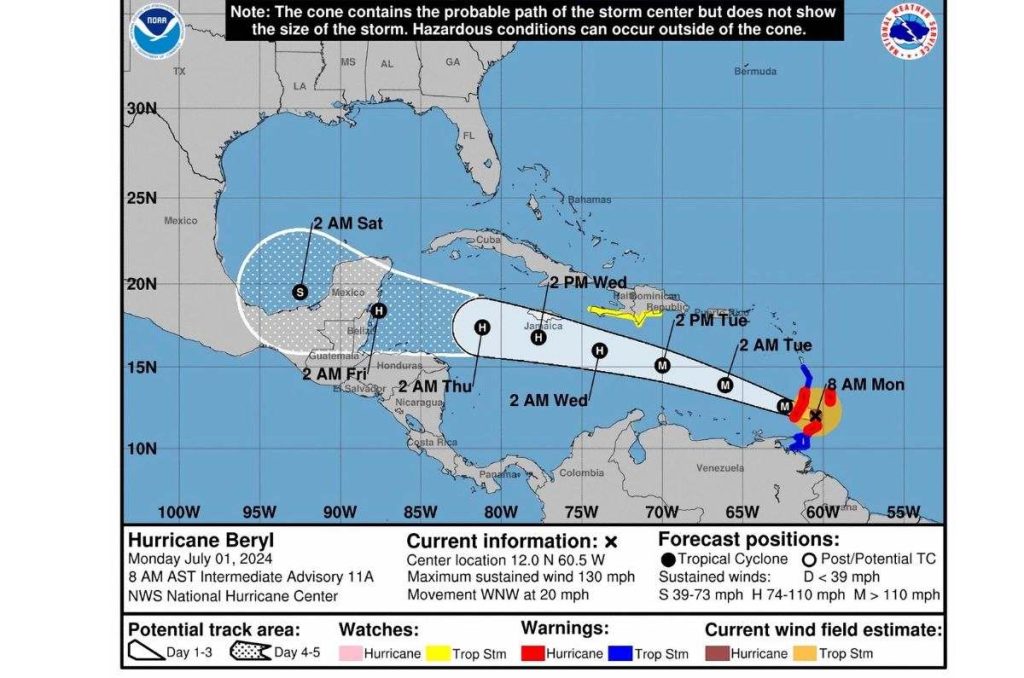 El Servicio Meteorológico Nacional de México anticipó este lunes que el huracán Beryl en el océano Atlántico impactará hasta en dos ocasiones.