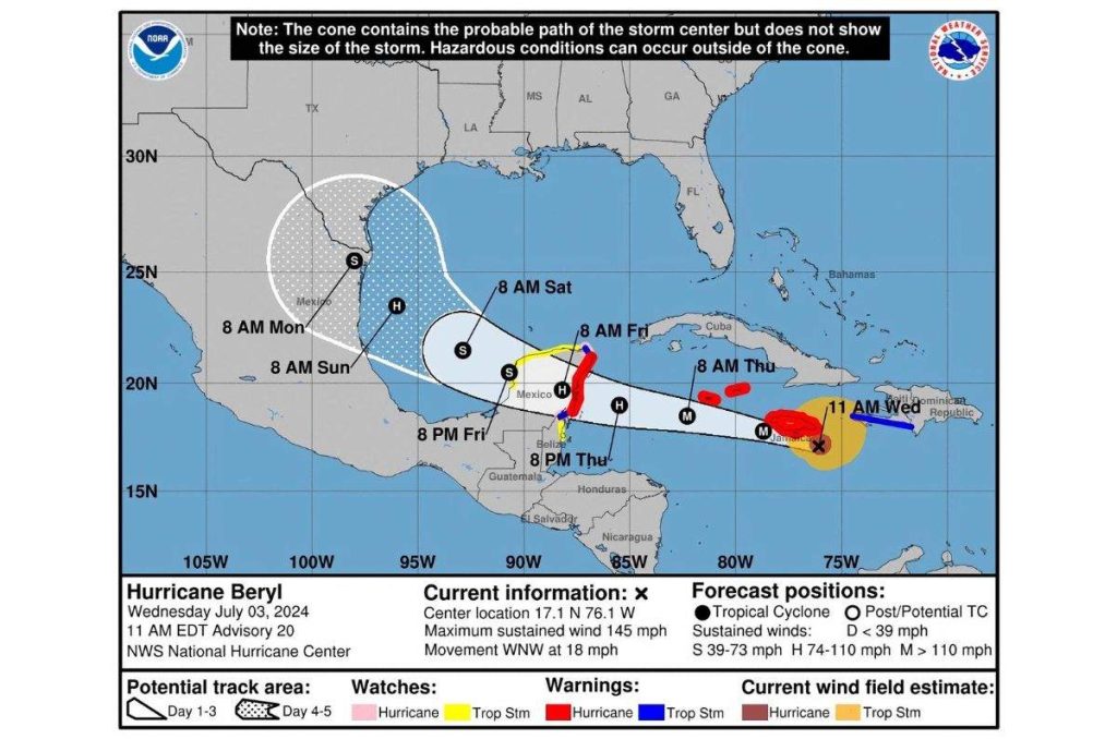 El Huracán Beryl azota como categoría 4 en Jamaica, avanza por Haití y el Caribe y se aproxima cada vez más a México; sigue su trayectoria.