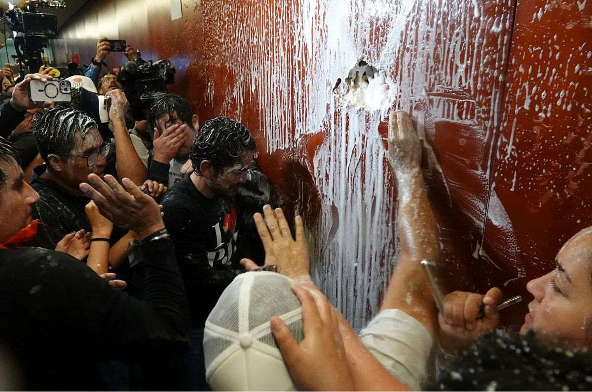 Un grupo de manifestantes irrumpieron este martes, entre agresiones, en el Senado para intentar frenar la inminente aprobación. / EFE