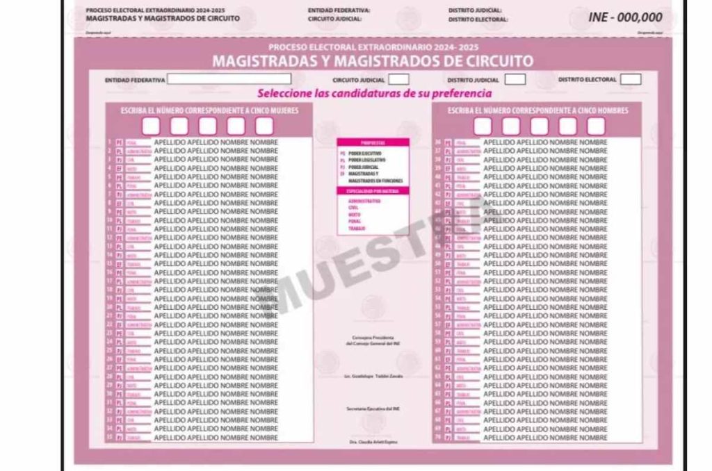 El INE presentó las boletas que se usarán en las elecciones de 2025 para jueces, ministros y magistrados. 