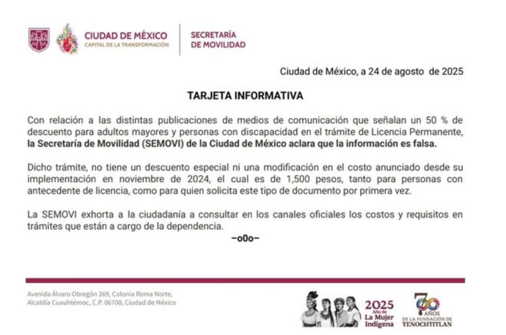 Comunicado de SEMOVI sobre la licencia permanente