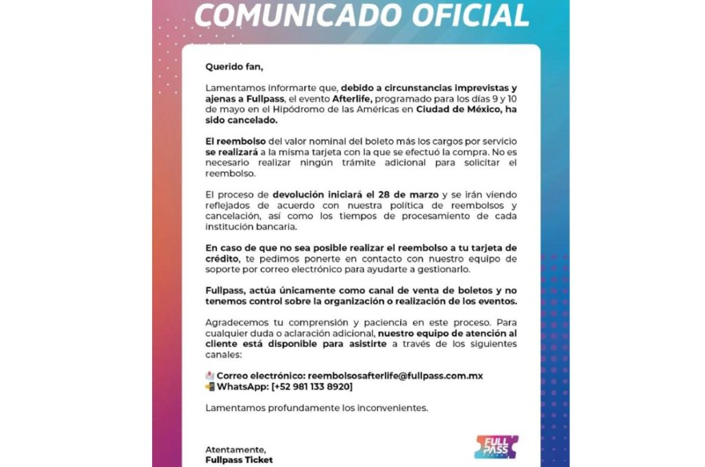 Comunicado oficial para reembolsos