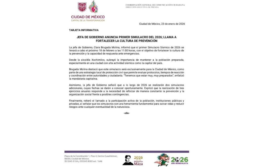 Comunicado de CDMX sobre el Primer Simulacro del año