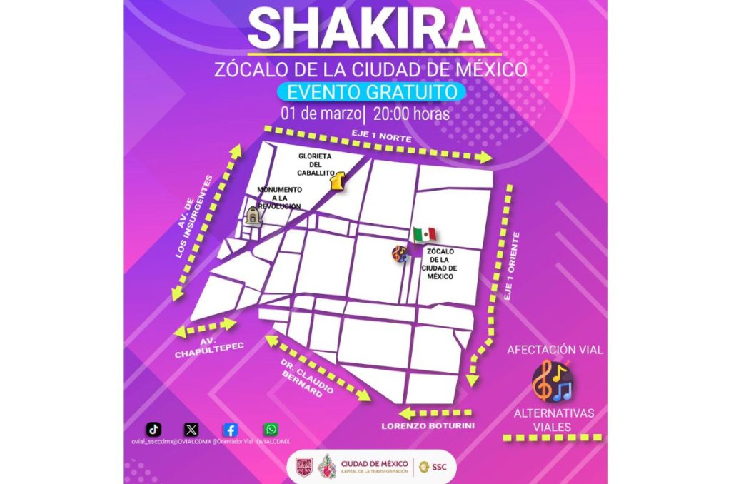 Vialidades afectadas por el concierto de Shakira