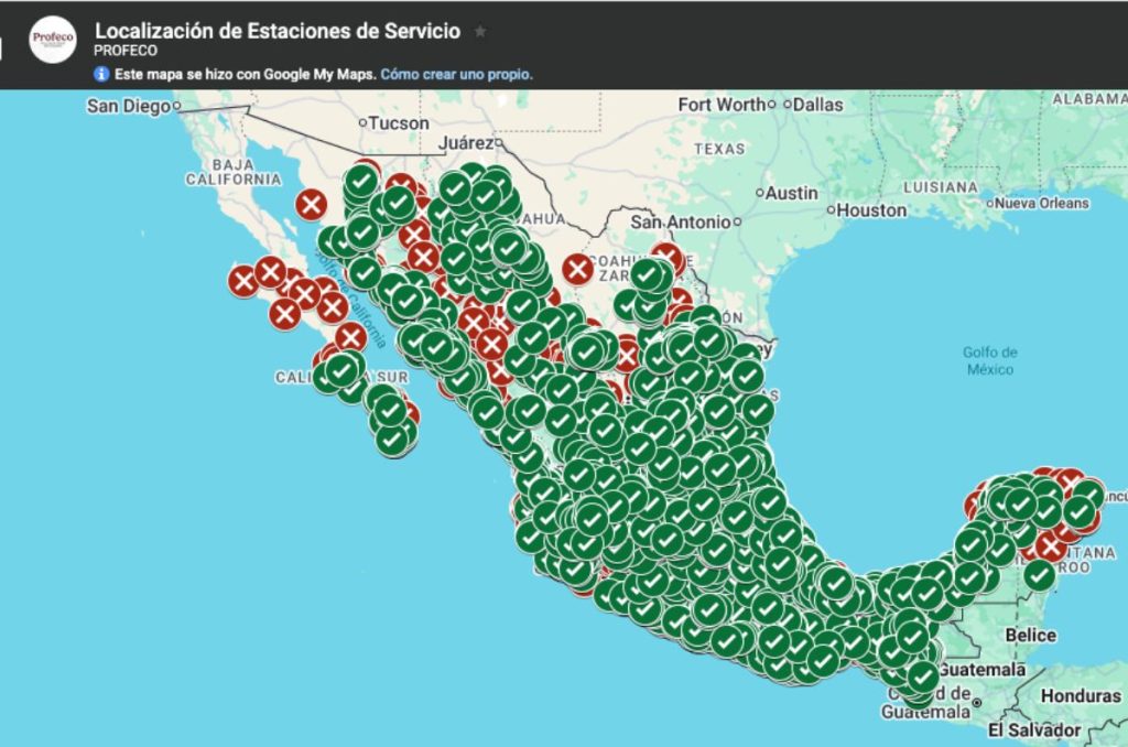 Mapa de gasolineras de Profeco